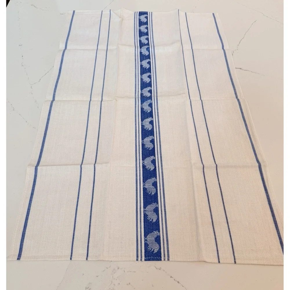 VTG Kitchen Dish Towel Blue White Stripe Shabby Farmhouse Hen Rooster NOS 4PC